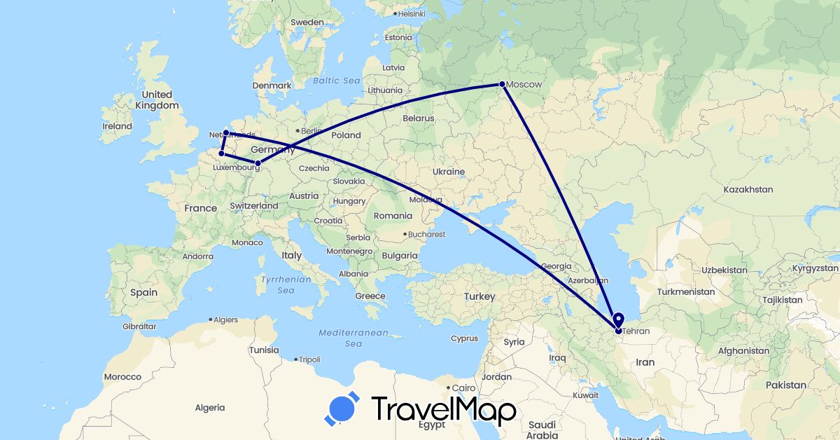 TravelMap itinerary: driving in Belgium, Germany, Iran, Netherlands, Russia (Asia, Europe)